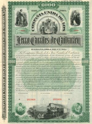 Ferro-Carriles de Caibarien - 1892 dated Cuba Specimen Stock Certificate
